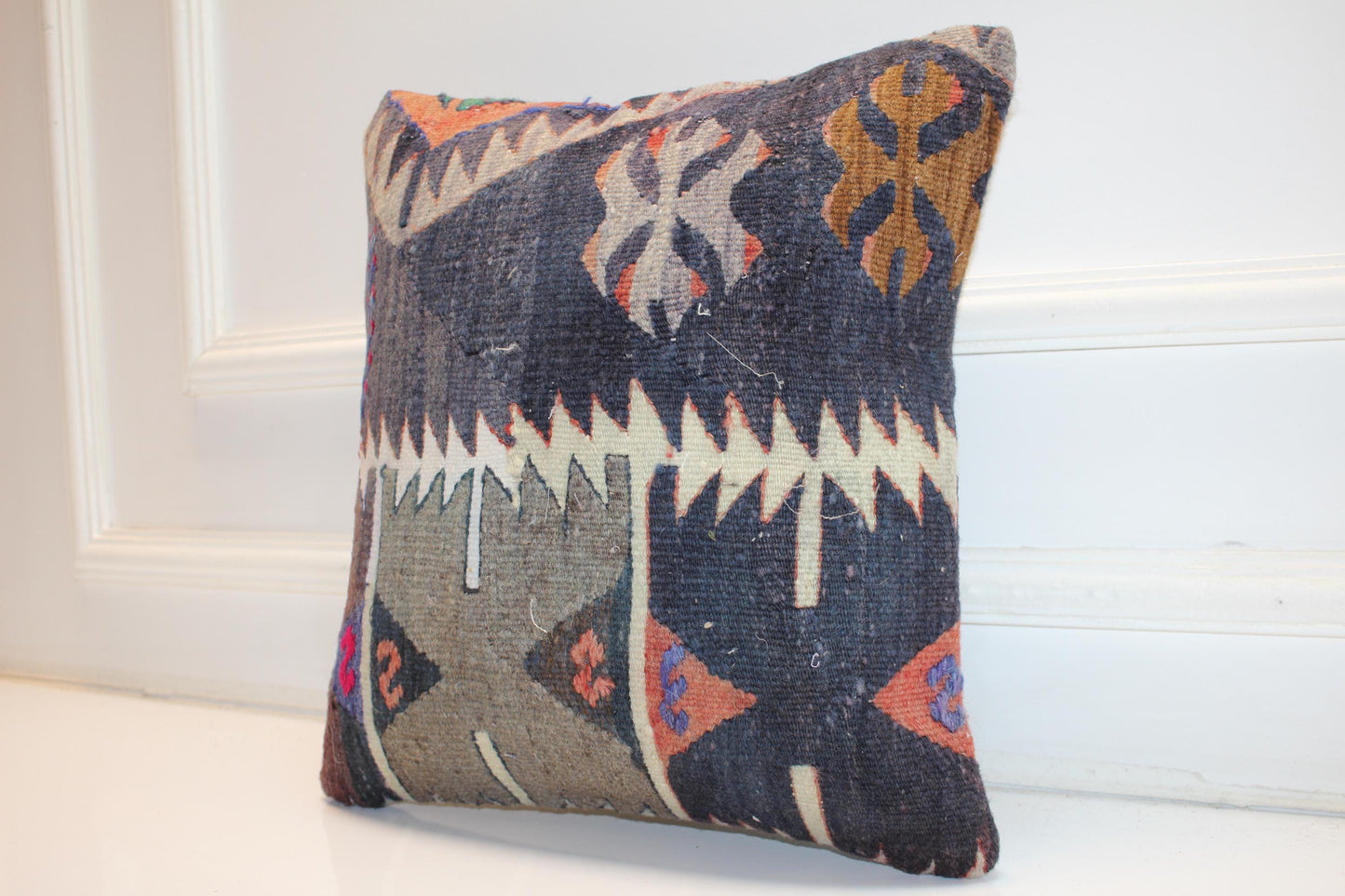 Handwoven Anatolian Rug Cushion, Tribal Boho Decor, Dark Earth Tone Sofa Pillow, 16x16