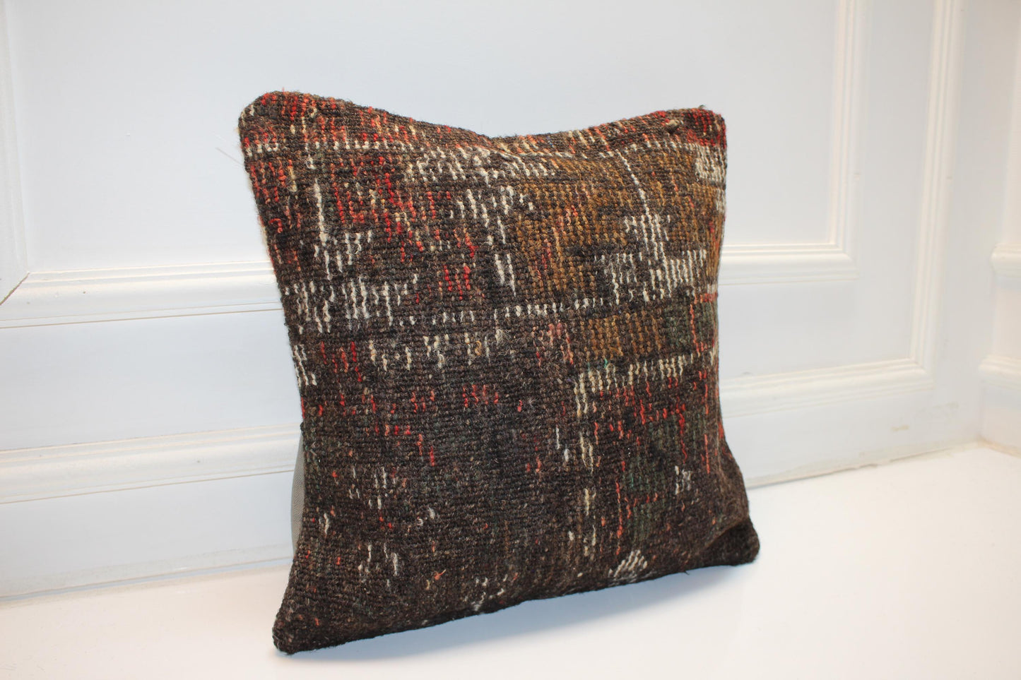 Rustic Brown Lumbar Cushion, Handwoven Anatolian Rug Pillow, Boho Ethnic Home Decor(16x16 in)