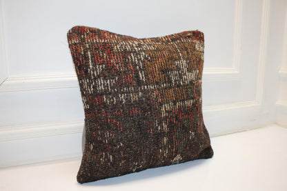 Rustic Brown Lumbar Cushion, Handwoven Anatolian Rug Pillow, Boho Ethnic Home Decor(16x16 in)