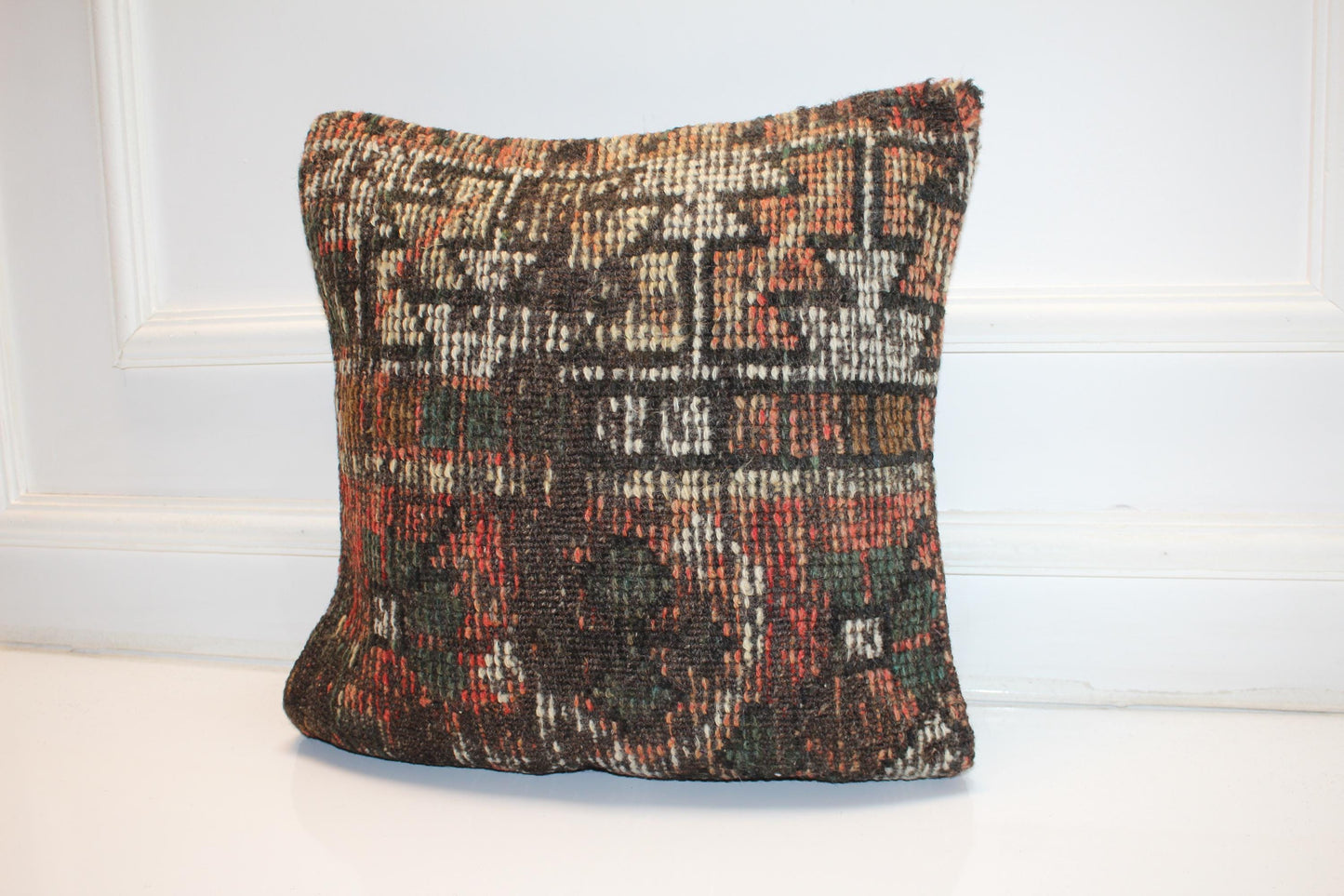 Handwoven Anatolian Pillow Cover, Geometric Earth Tone Rug Cushion (16x16 in)