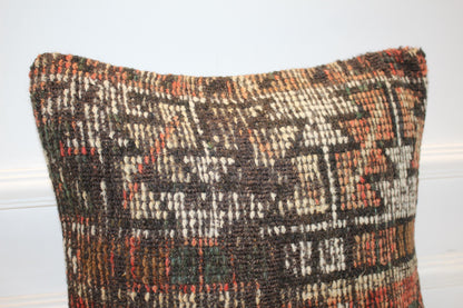 Handwoven Anatolian Pillow Cover, Geometric Earth Tone Rug Cushion (16x16 in)