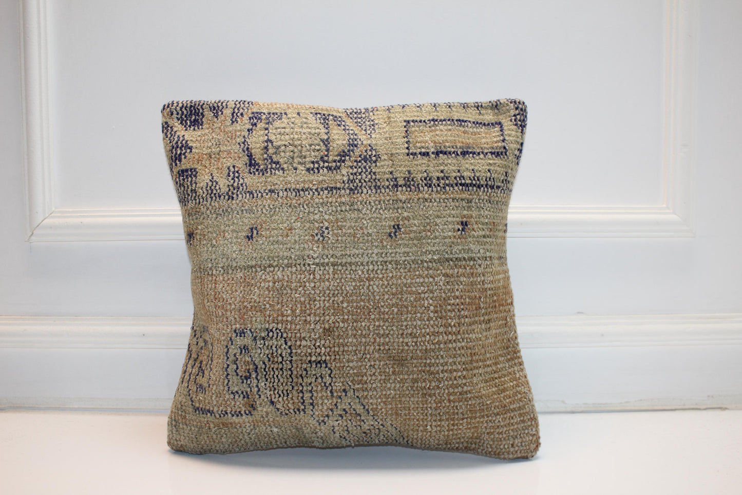 Neutral Beige Rug Cushion, Minimal Handwoven Anatolian Pillow, Soft Boho Home Decor (16x16 in)