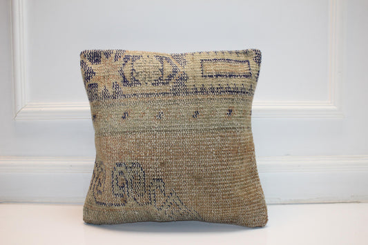 Neutral Beige Rug Cushion, Minimal Handwoven Anatolian Pillow, Soft Boho Home Decor (16x16 in)