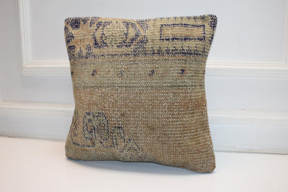 Neutral Beige Rug Cushion, Minimal Handwoven Anatolian Pillow, Soft Boho Home Decor (16x16 in)