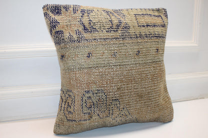 Neutral Beige Rug Cushion, Minimal Handwoven Anatolian Pillow, Soft Boho Home Decor (16x16 in)