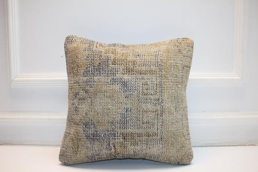 Neutral Beige Geometric Rug Cushion, Minimal Handwoven Anatolian Pillow, Soft Boho Decor(16x16 in)