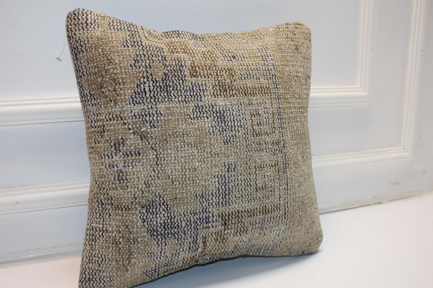 Neutral Beige Geometric Rug Cushion, Minimal Handwoven Anatolian Pillow, Soft Boho Decor(16x16 in)
