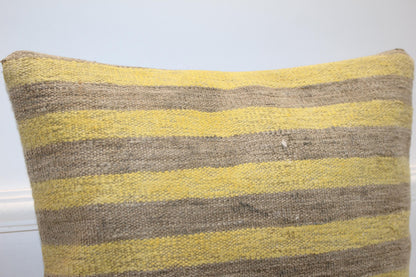 Yellow Gray Rug Cushion, Handwoven Anatolian Pillow, Modern Boho Home Decor(16x16 in)