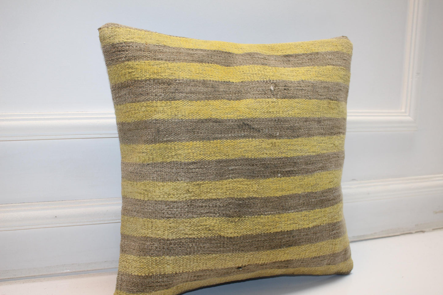 Yellow Gray Rug Cushion, Handwoven Anatolian Pillow, Modern Boho Home Decor(16x16 in)