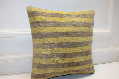 Yellow Gray Rug Cushion, Handwoven Anatolian Pillow, Modern Boho Home Decor(16x16 in)