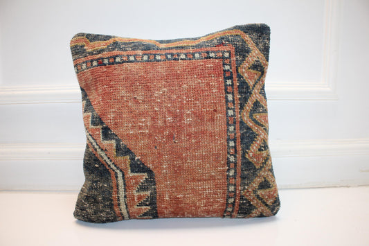 Terracotta Border Rug Cushion, Handwoven Anatolian Pillow, Classic Boho Ethnic Decorr(16x16 in)