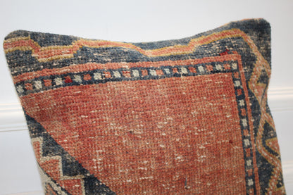 Terracotta Border Rug Cushion, Handwoven Anatolian Pillow, Classic Boho Ethnic Decorr(16x16 in)
