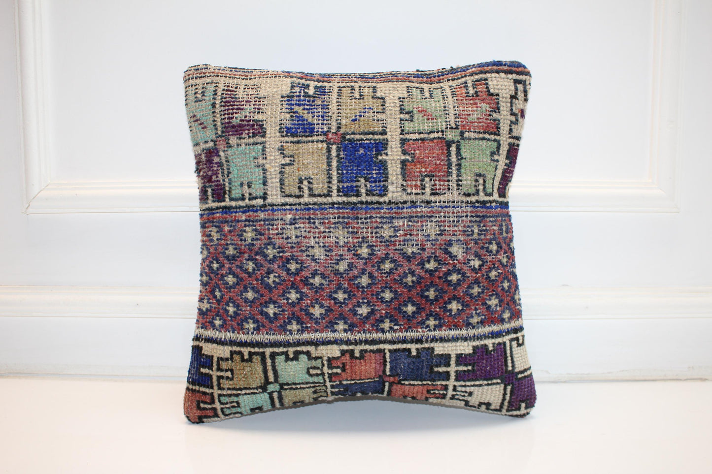 Tribal Striped Rug Cushion, Handwoven Anatolian Pillow, Rustic Boho Ethnic Decor(16x16 in)