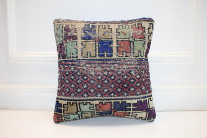 Tribal Striped Rug Cushion, Handwoven Anatolian Pillow, Rustic Boho Ethnic Decor(16x16 in)