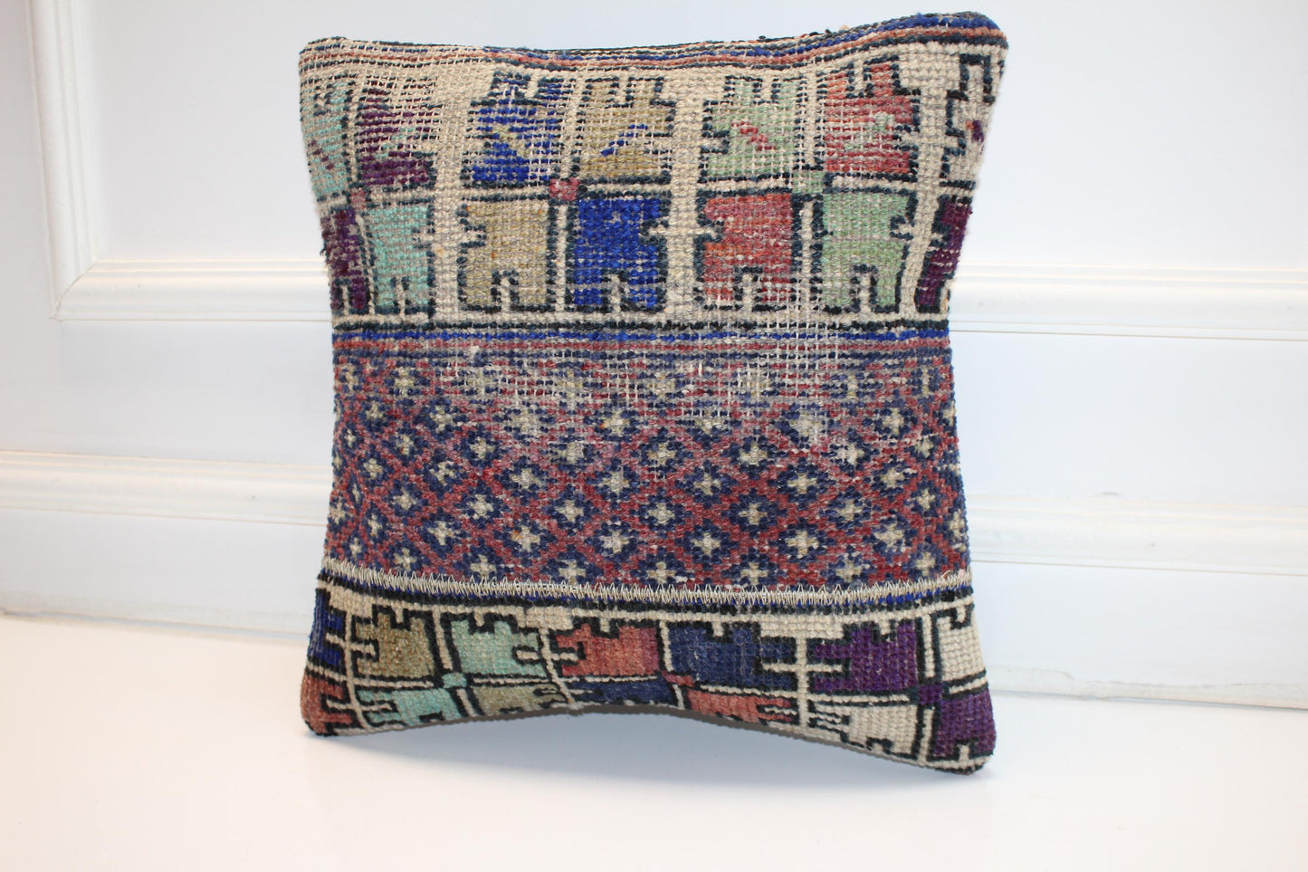 Tribal Striped Rug Cushion, Handwoven Anatolian Pillow, Rustic Boho Ethnic Decor(16x16 in)