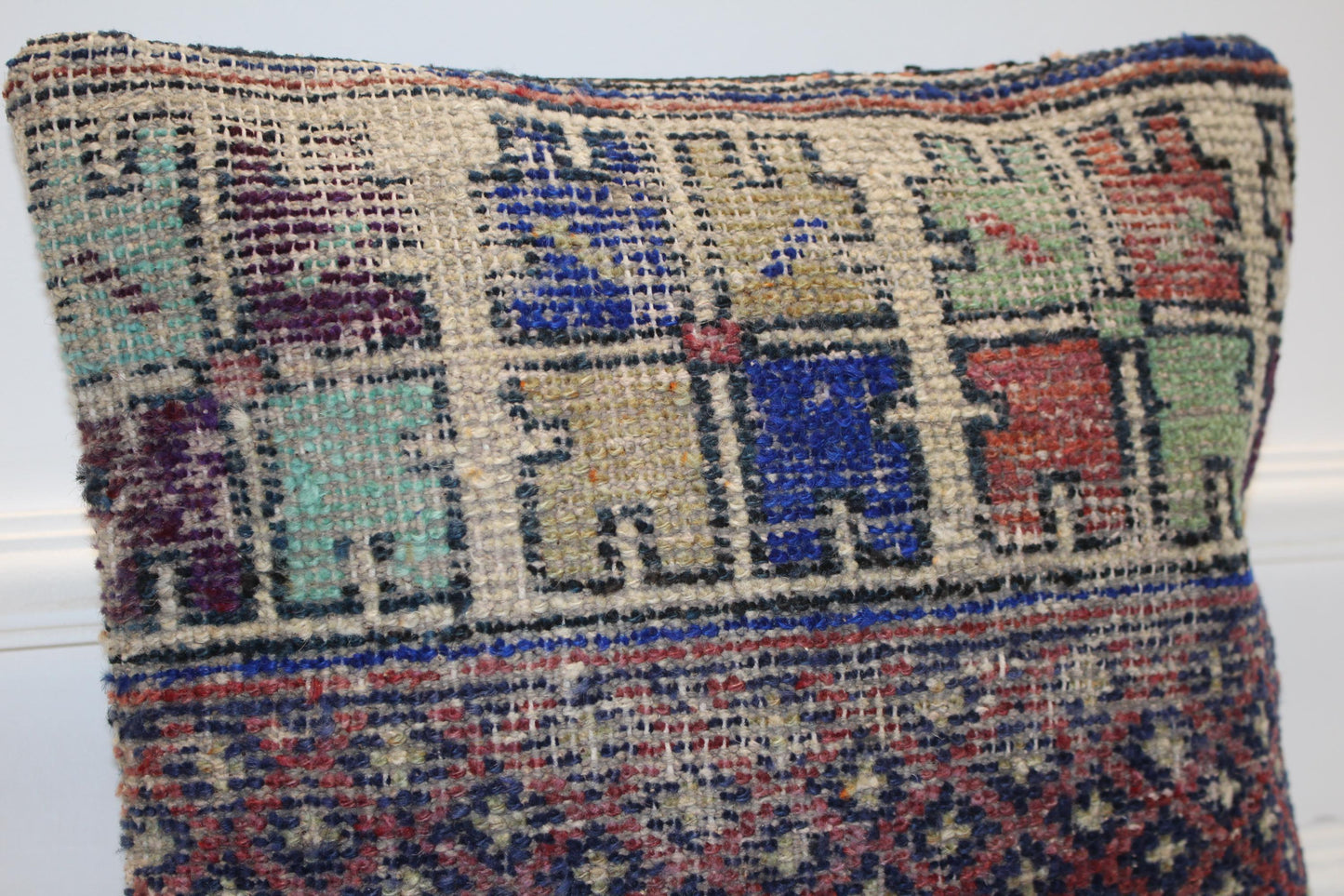 Tribal Striped Rug Cushion, Handwoven Anatolian Pillow, Rustic Boho Ethnic Decor(16x16 in)
