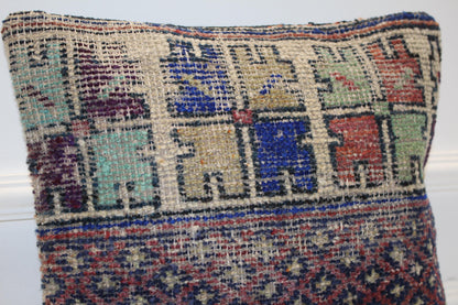 Tribal Striped Rug Cushion, Handwoven Anatolian Pillow, Rustic Boho Ethnic Decor(16x16 in)