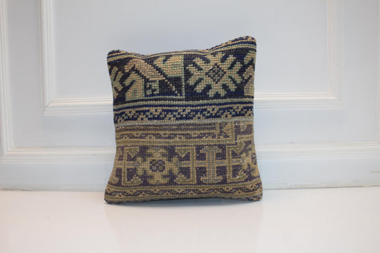 Geometric Anatolian Rug Cushion, Earth Tone Handwoven Pillow, Classic Boho Ethnic Decor(16x16 in)