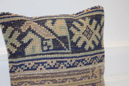 Geometric Anatolian Rug Cushion, Earth Tone Handwoven Pillow, Classic Boho Ethnic Decor(16x16 in)