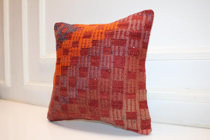 Geometric Anatolian Cushion, Rust Orange Tribal Decor, Handmade Boho Accent (16x16 in)