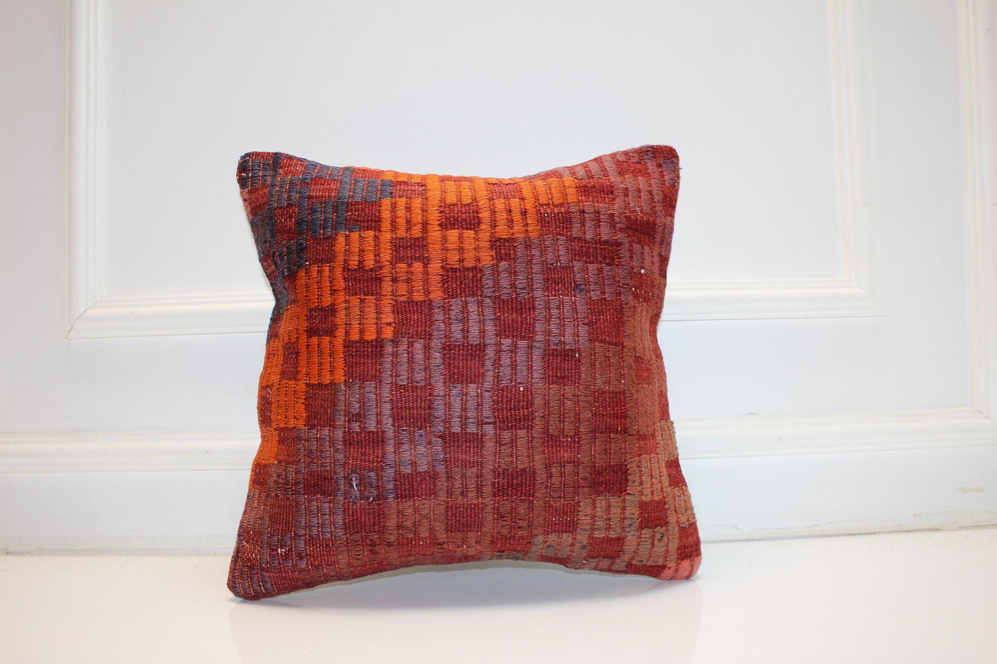 Geometric Anatolian Cushion, Rust Orange Tribal Decor, Handmade Boho Accent (16x16 in)