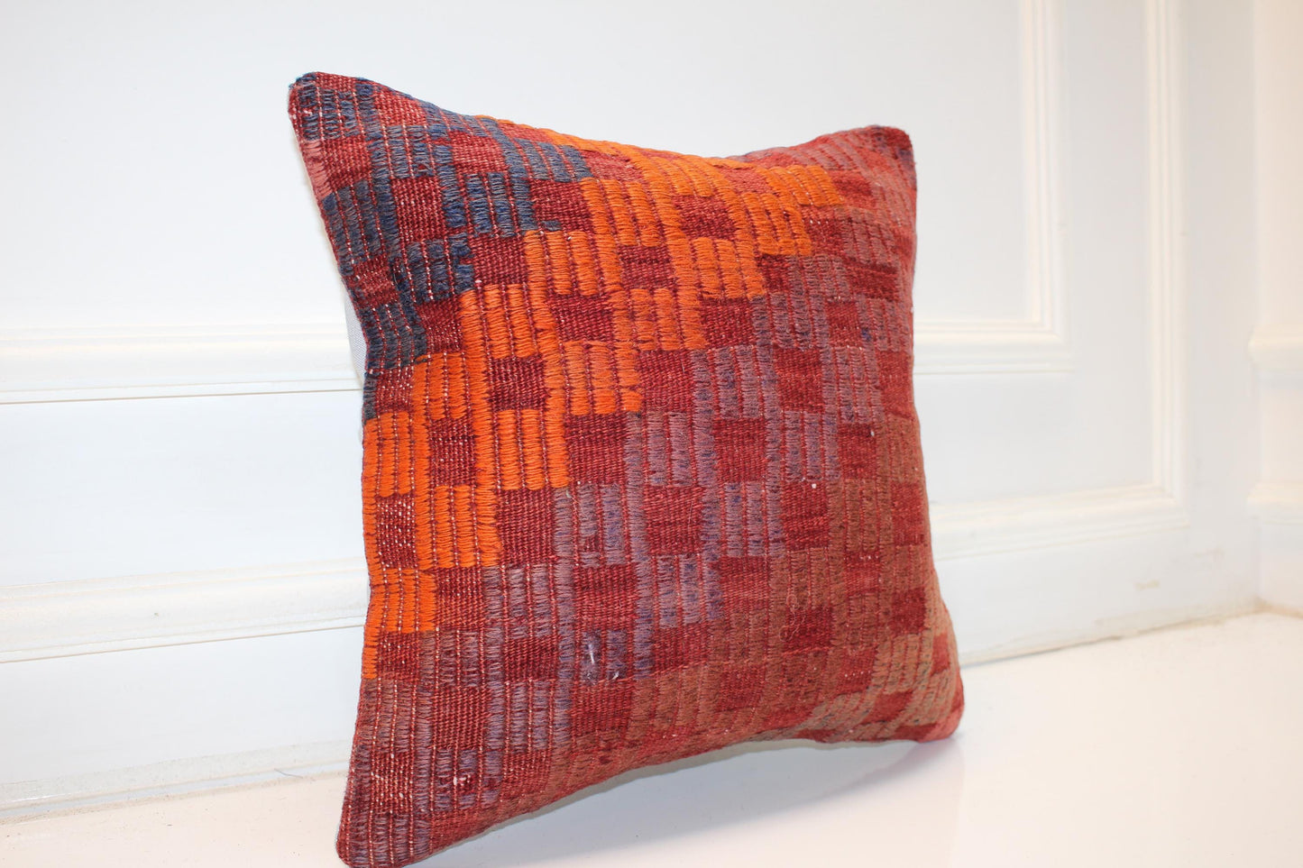 Geometric Anatolian Cushion, Rust Orange Tribal Decor, Handmade Boho Accent (16x16 in)