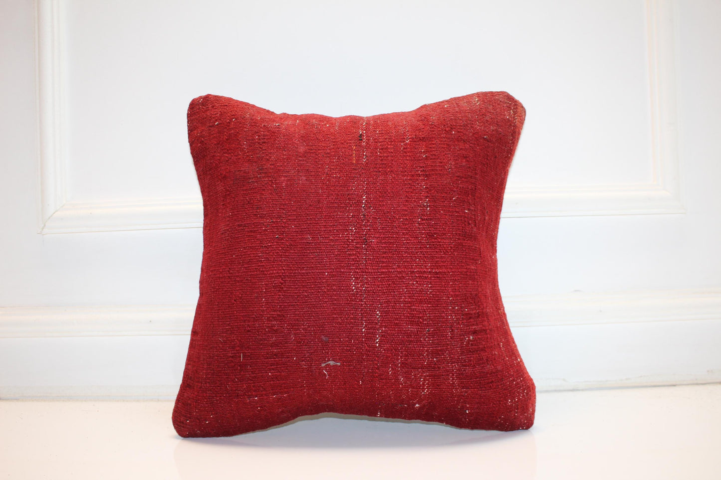Solid Red Anatolian Cushion, Minimal Tribal Backside, Rustic Boho Home Decor(16x16 in)