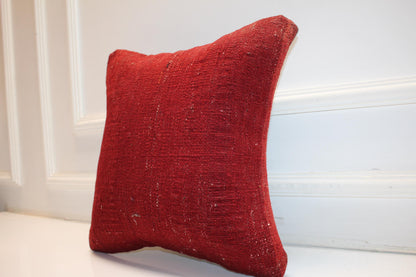 Solid Red Anatolian Cushion, Minimal Tribal Backside, Rustic Boho Home Decor(16x16 in)