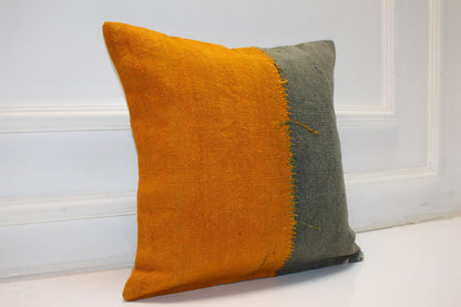 Mustard Yellow & Olive Green Cushion, Patchwork Anatolian Textile, Modern Rustic Decor(16x16 in)