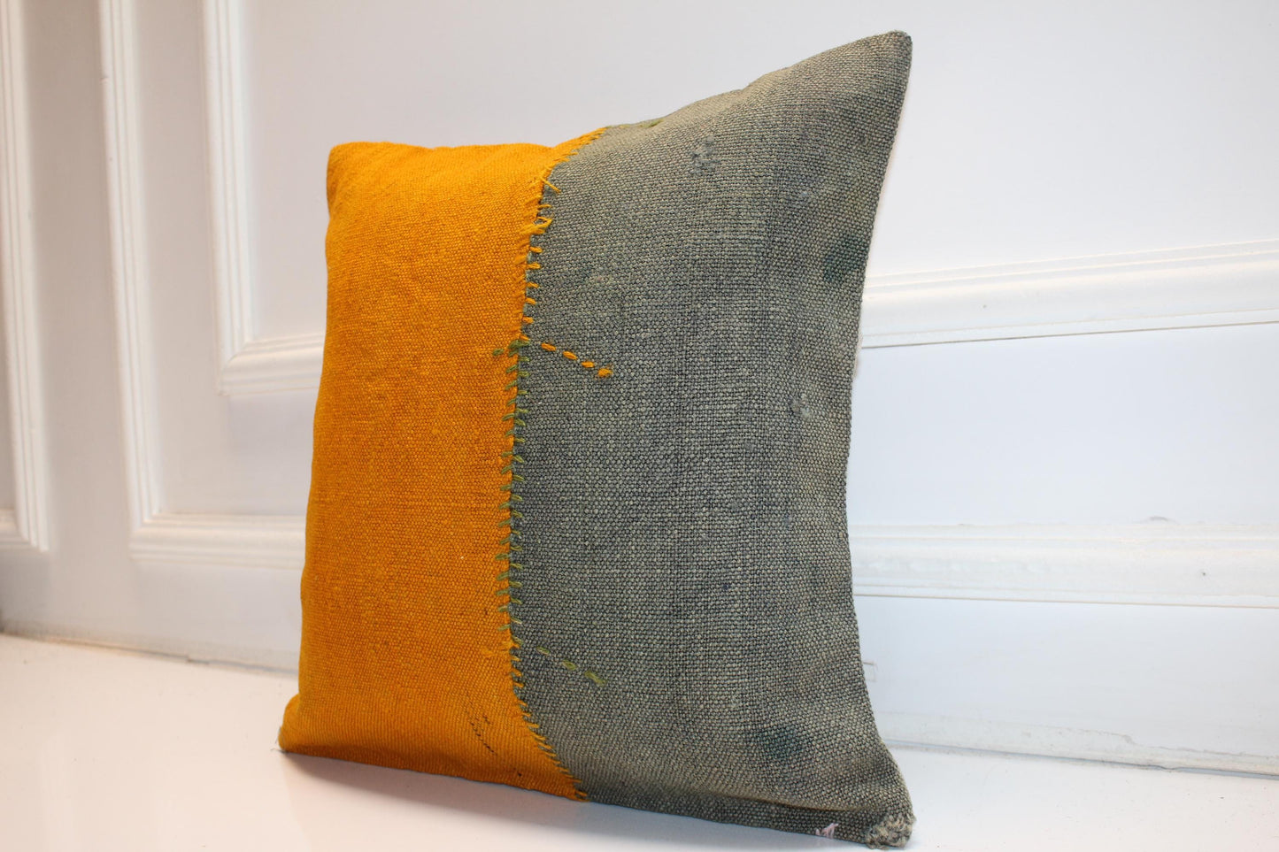 Mustard Yellow & Olive Green Cushion, Patchwork Anatolian Textile, Modern Rustic Decor(16x16 in)
