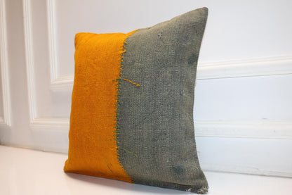 Mustard Yellow & Olive Green Cushion, Patchwork Anatolian Textile, Modern Rustic Decor(16x16 in)