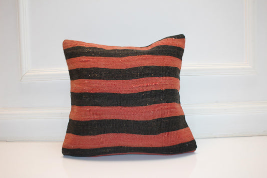 Bold Stripe Anatolian Cushion, Black & Brick Red Tribal Textile, Rustic Modern Decor(16x16 in)