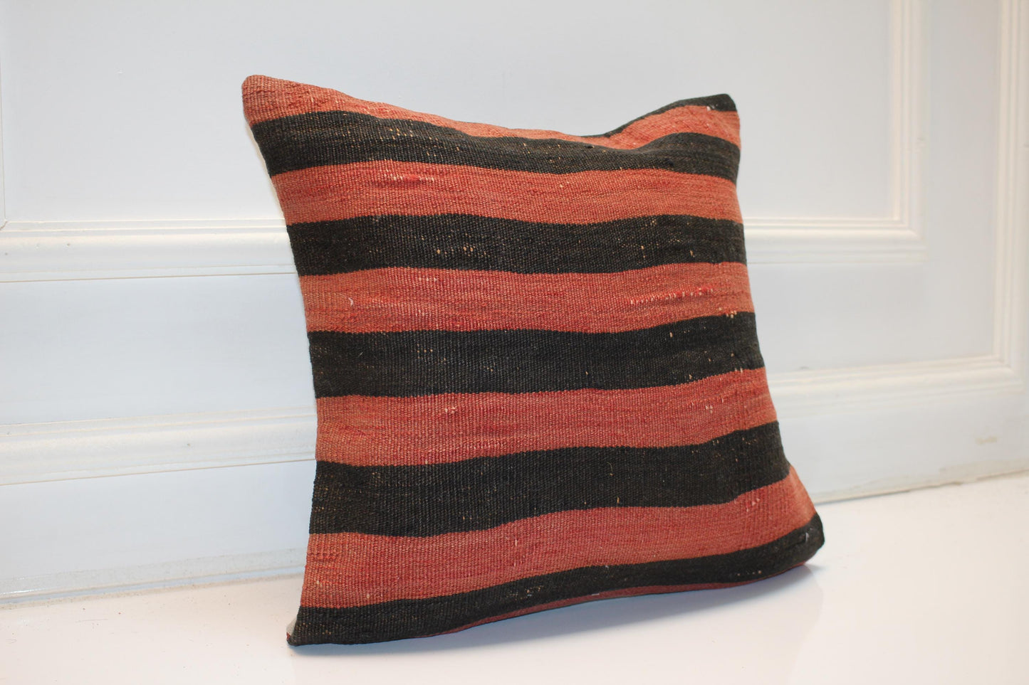 Bold Stripe Anatolian Cushion, Black & Brick Red Tribal Textile, Rustic Modern Decor(16x16 in)