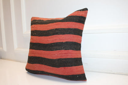 Bold Stripe Anatolian Cushion, Black & Brick Red Tribal Textile, Rustic Modern Decor(16x16 in)