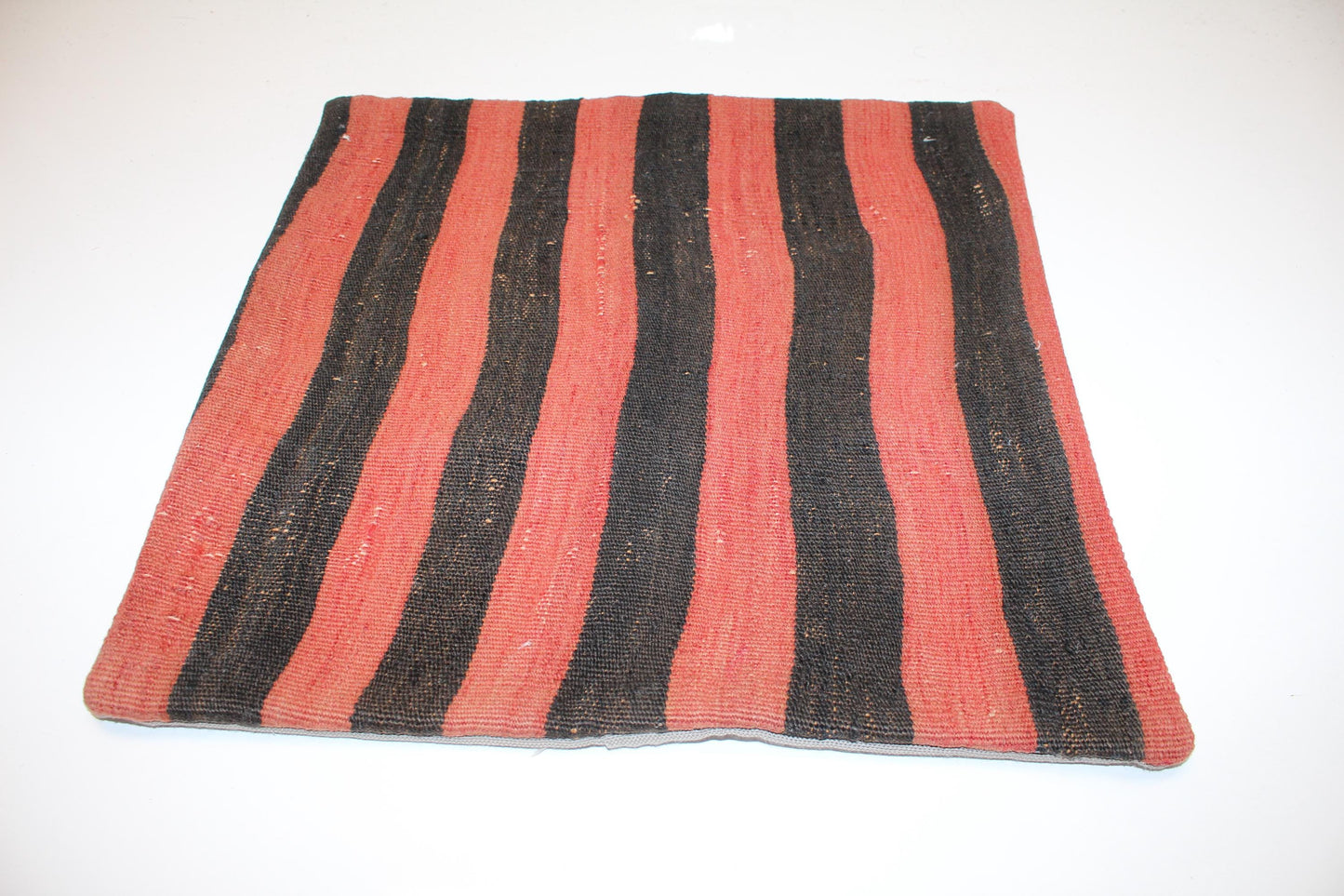 Bold Stripe Anatolian Cushion, Black & Brick Red Tribal Textile, Rustic Modern Decor(16x16 in)