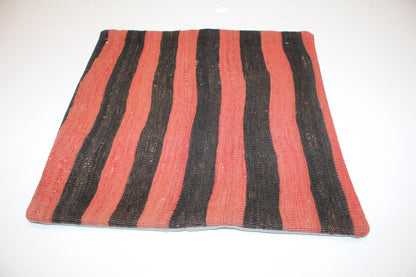 Bold Stripe Anatolian Cushion, Black & Brick Red Tribal Textile, Rustic Modern Decor(16x16 in)
