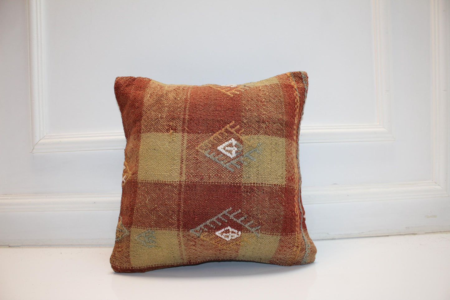 Patchwork Anatolian Cushion, Earth Tone Tribal Motifs, Rustic Boho Home Decor(16x16 in)