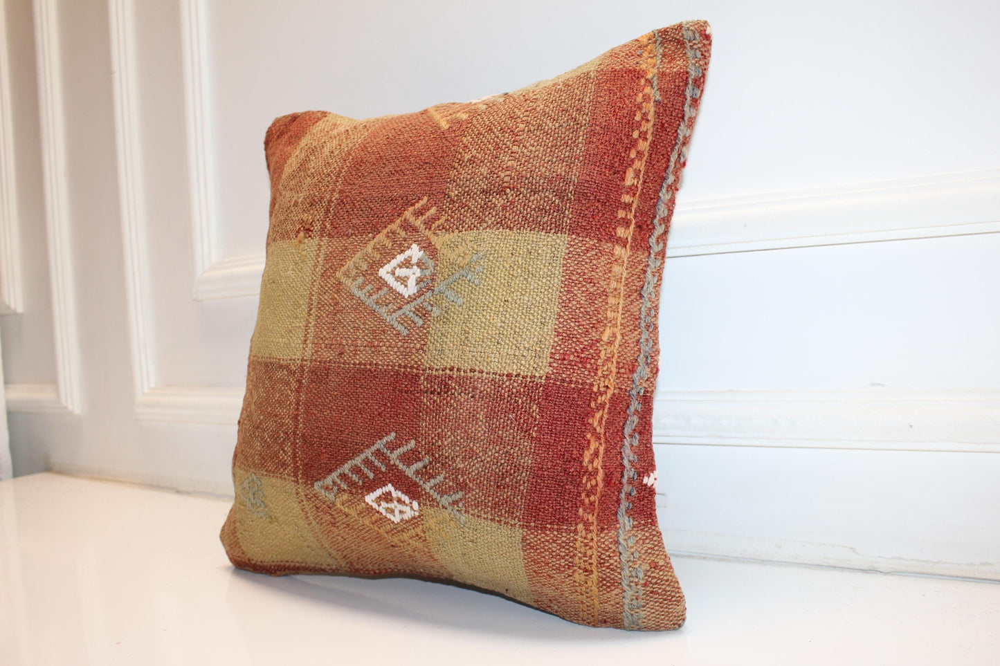 Patchwork Anatolian Cushion, Earth Tone Tribal Motifs, Rustic Boho Home Decor(16x16 in)