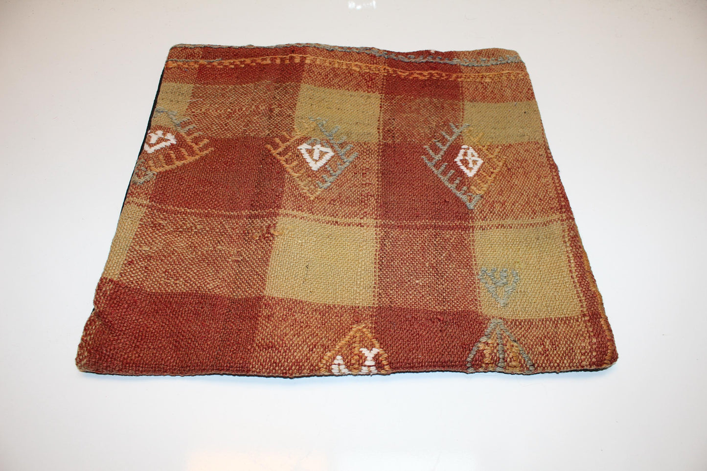 Patchwork Anatolian Cushion, Earth Tone Tribal Motifs, Rustic Boho Home Decor(16x16 in)
