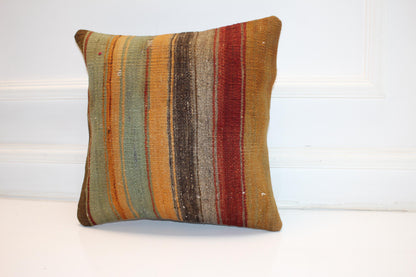 Striped Anatolian Rug Cushion, Boho Rustic Decor, Earth Tone Handmade Kilim Pillow (16x16 in)