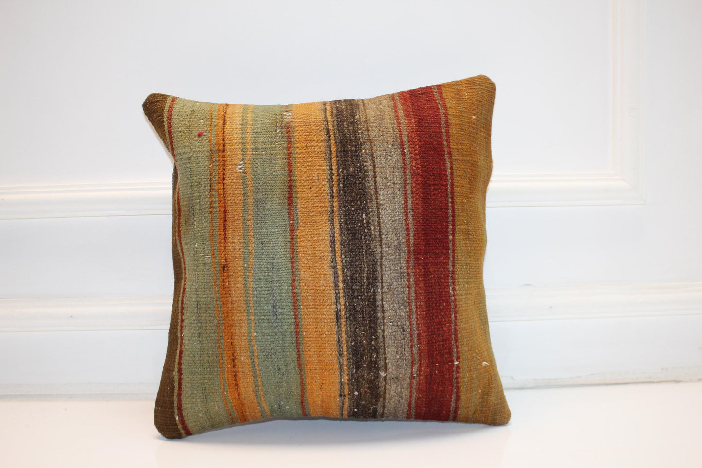 Striped Anatolian Rug Cushion, Boho Rustic Decor, Earth Tone Handmade Kilim Pillow (16x16 in)