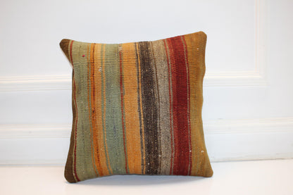 Striped Anatolian Rug Cushion, Boho Rustic Decor, Earth Tone Handmade Kilim Pillow (16x16 in)