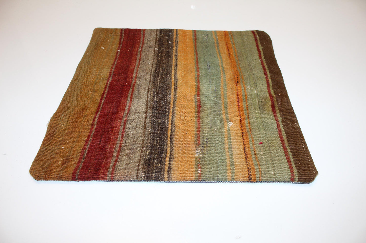 Striped Anatolian Rug Cushion, Boho Rustic Decor, Earth Tone Handmade Kilim Pillow (16x16 in)