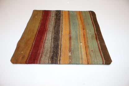 Striped Anatolian Rug Cushion, Boho Rustic Decor, Earth Tone Handmade Kilim Pillow (16x16 in)