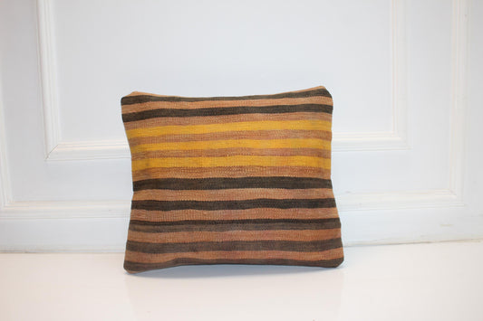 Striped Kilim Pillow Cover, Yellow Brown Earth Tone, Boho Cushion (16x16 in)