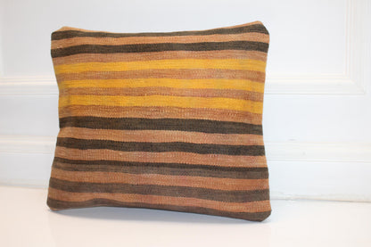 Striped Kilim Pillow Cover, Yellow Brown Earth Tone, Boho Cushion (16x16 in)