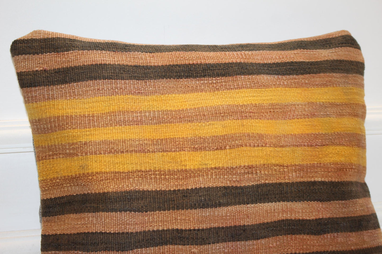 Striped Kilim Pillow Cover, Yellow Brown Earth Tone, Boho Cushion (16x16 in)