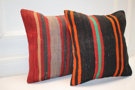 Set of 2 Vintage Turkish Kilim Pillow Covers, Striped Boho Decor (16x16 in)