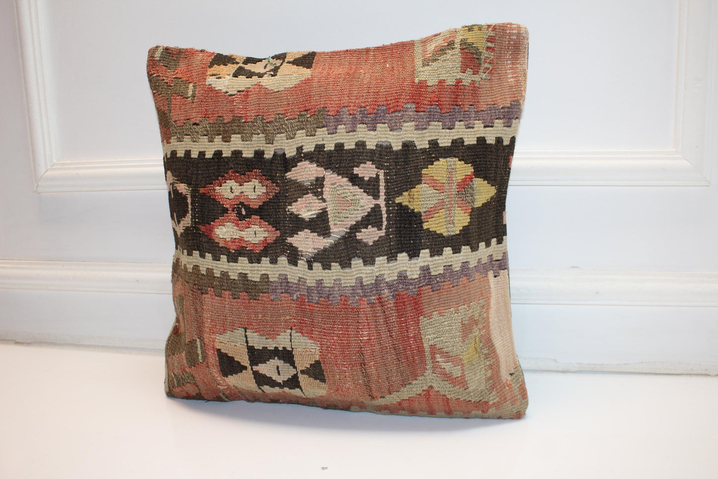 Geometric Anatolian Rug Cushion, Tribal Boho Decor, Handmade Ethnic Kilim Pillow(16x16 in)