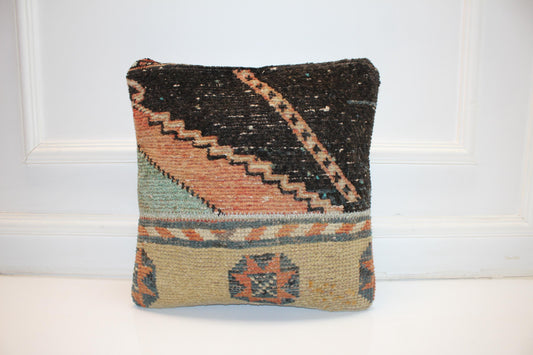 Patchwork Anatolian Rug Cushion, Tribal Boho Decor, Earth Tone Handmade Kilim Pillow(16x16 in)